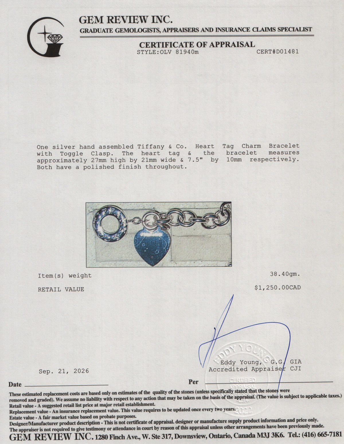 Tiffany & Co. Sterling Silver Heart Tag Charm Bracelet with Toggle Clasp