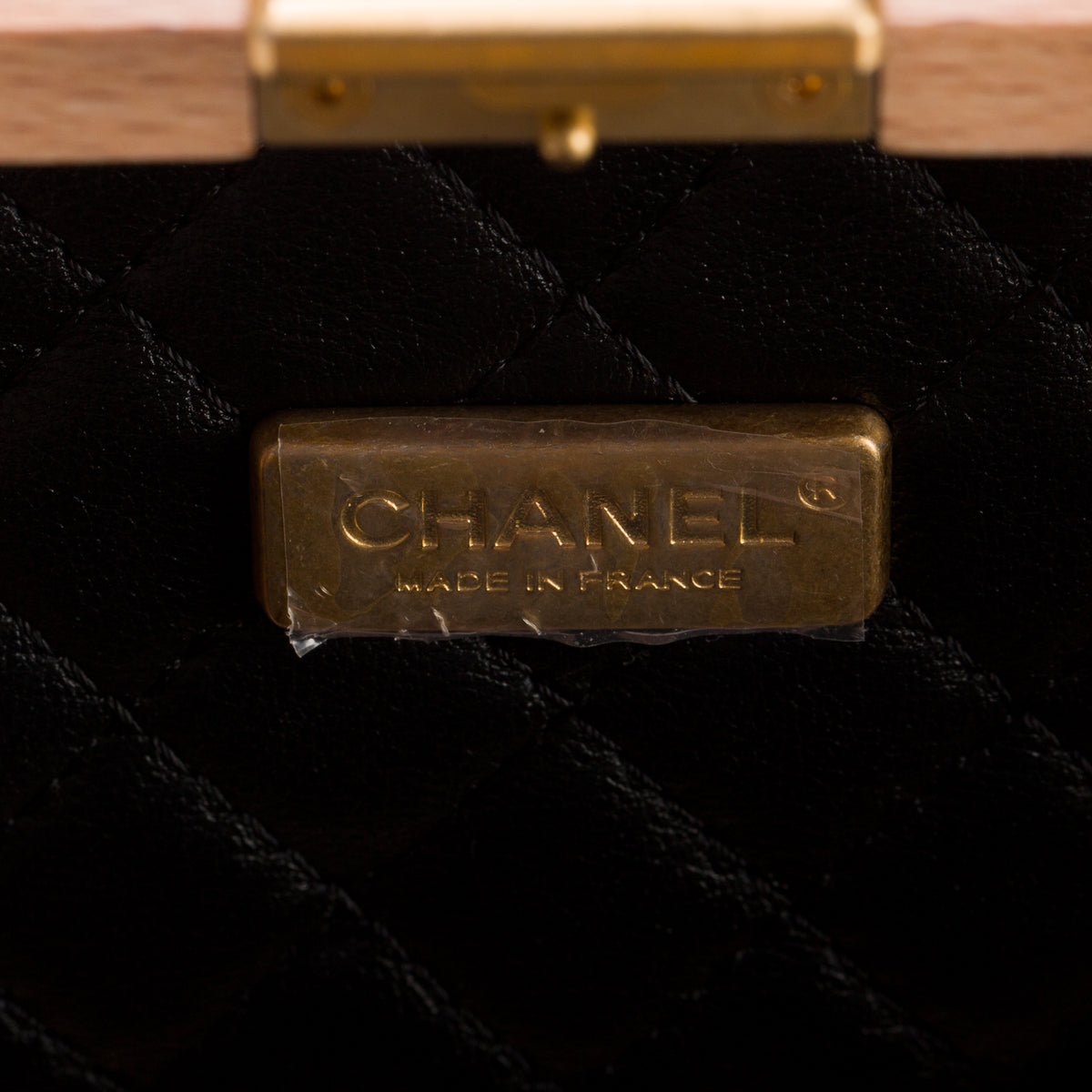 Chanel Beige Beech Wood Black Lambskin Leather Small CC Vanity Case w/ Box