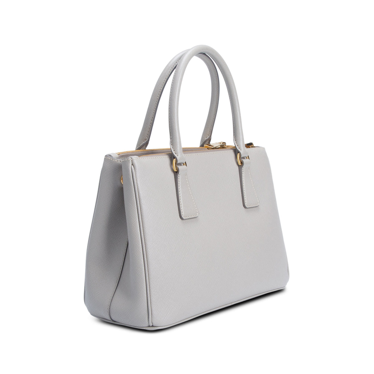 Prada 2020 Grey Saffiano Leather Small Double Zip Galleria Tote w/ Box, Authenticity Card & Strap