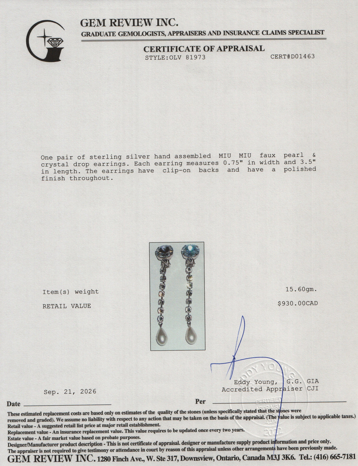 Miu Miu Sterling Silver Faux Pearl & Crystal Drop Earrings