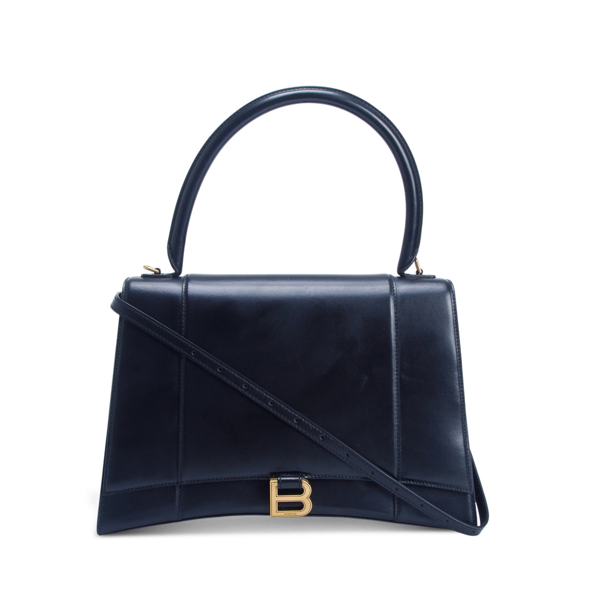 Balenciaga Black Shiny Box Calfskin Medium Hourglass Top Handle Bag w/ Strap