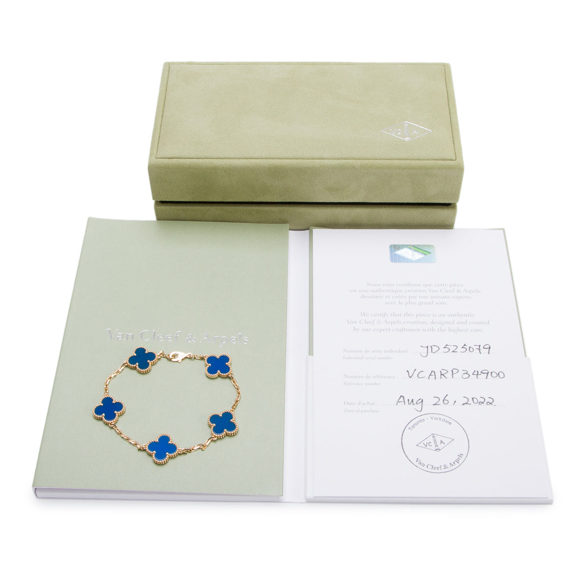 Van Cleef & Arpels 2022 18k Yellow Gold Vintage Alhambra 5 Motif Blue Agate Bracelet w/ Box & Certificate