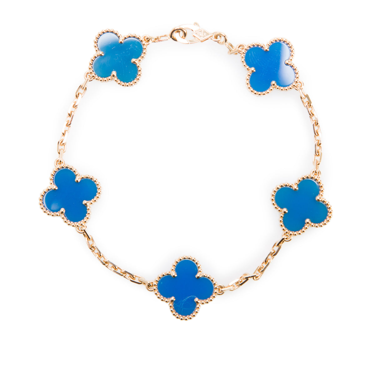 Van Cleef & Arpels 2022 18k Yellow Gold Vintage Alhambra 5 Motif Blue Agate Bracelet w/ Box & Certificate