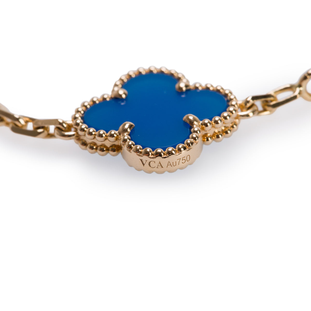 Van Cleef & Arpels 2022 18k Yellow Gold Vintage Alhambra 5 Motif Blue Agate Bracelet w/ Box & Certificate