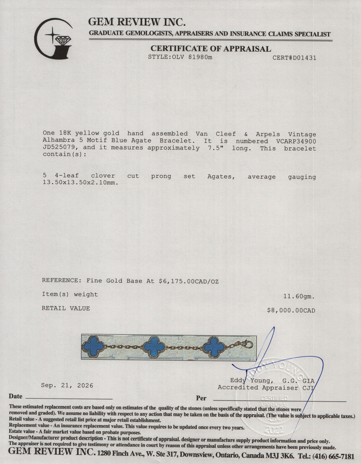 Van Cleef & Arpels 2022 18k Yellow Gold Vintage Alhambra 5 Motif Blue Agate Bracelet w/ Box & Certificate