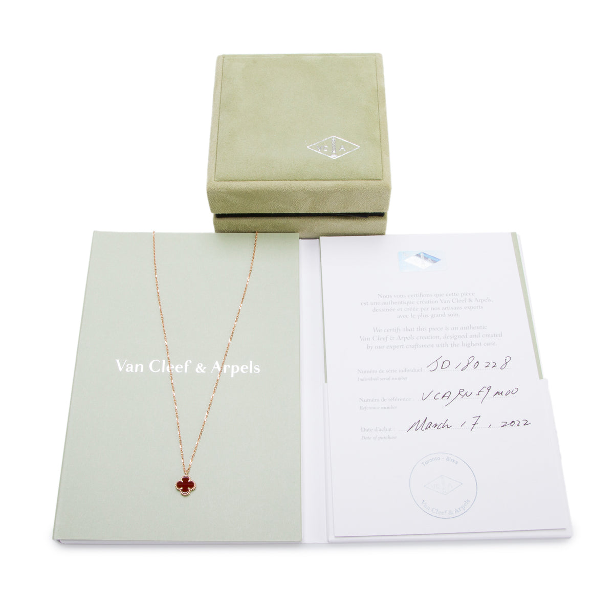 Van Cleef & Arpels 2022 18k Rose Gold Sweet Alhambra Carnelian Pendant Necklace w/ Box & Certificate