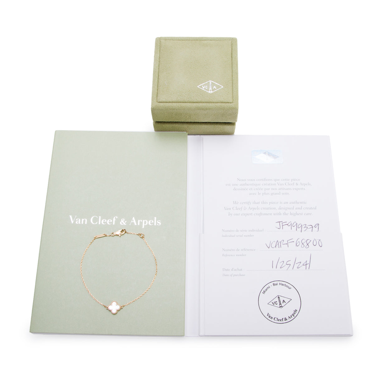 Van Cleef & Arpels 2024 18k Yellow Gold Sweet Alhambra 1 Motif Mother of Pearl Bracelet w/ Box, Receipt & Certificate