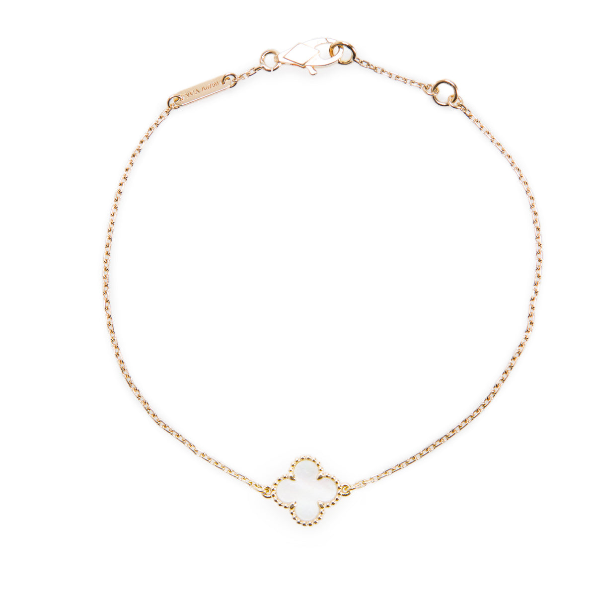 Van Cleef & Arpels 2024 18k Yellow Gold Sweet Alhambra 1 Motif Mother of Pearl Bracelet w/ Box, Receipt & Certificate