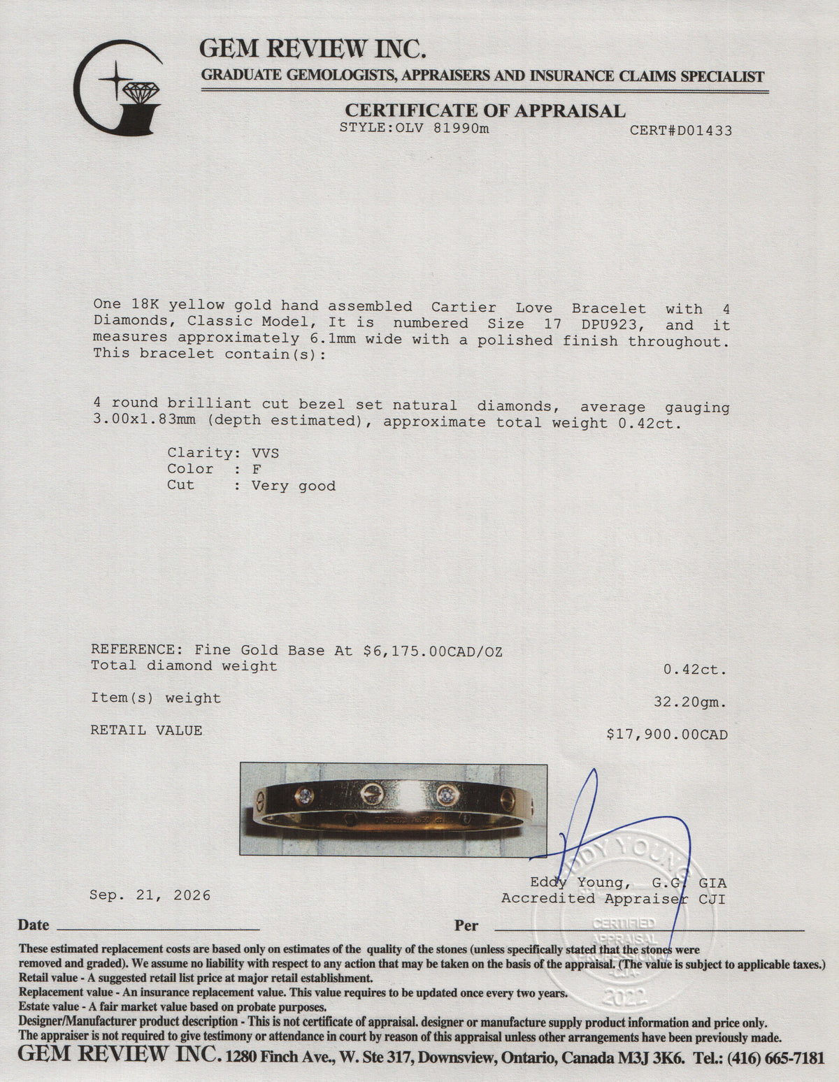 Cartier 18k Yellow Gold Love Bracelet with 4 Diamonds, Classic Model Size 17 w/ Box & Certificate