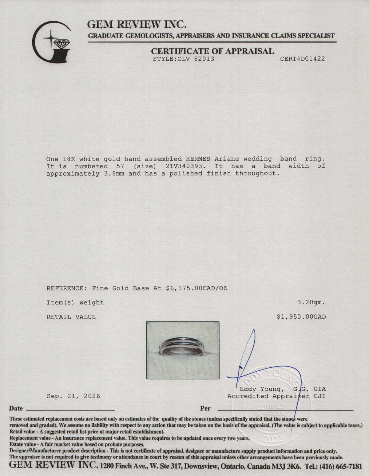 Hermes 18k White Gold Ariane Wedding Band Ring, Small Model, Size 57 8 w/ Box