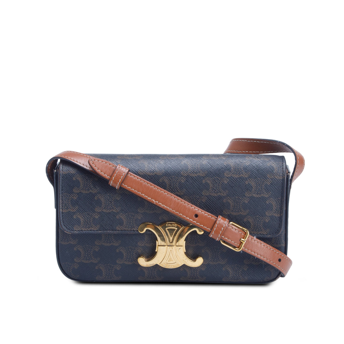 Celine 2021 Brown Canvas Calfskin Triomphe Shoulder Bag