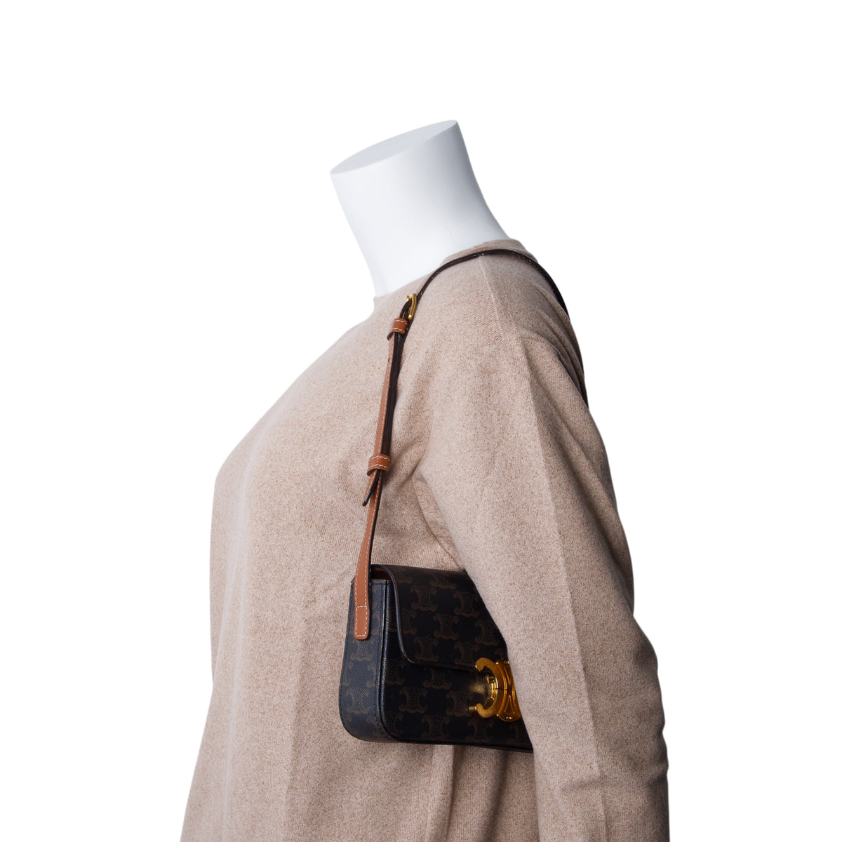 Celine 2021 Brown Canvas Calfskin Triomphe Shoulder Bag