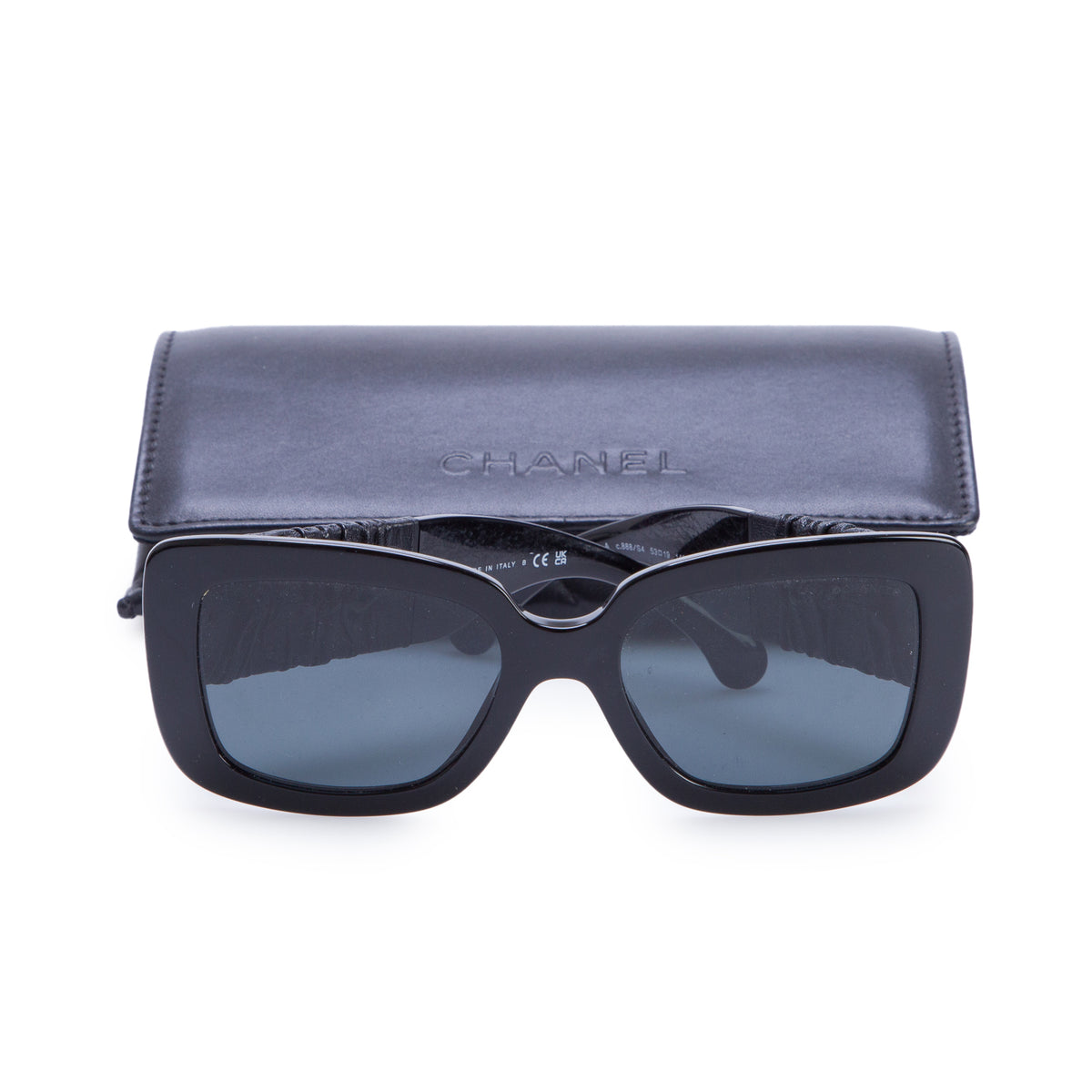 Chanel 5473Q Black Acetate Calfskin Monochrome Polarized Square Sunglasses w/ Case