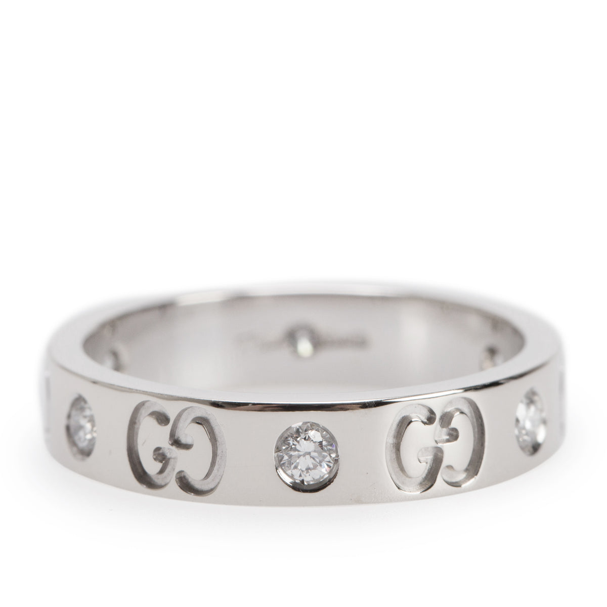 Gucci 18k White Gold Diamond Icon Ring, Size 11 5.5