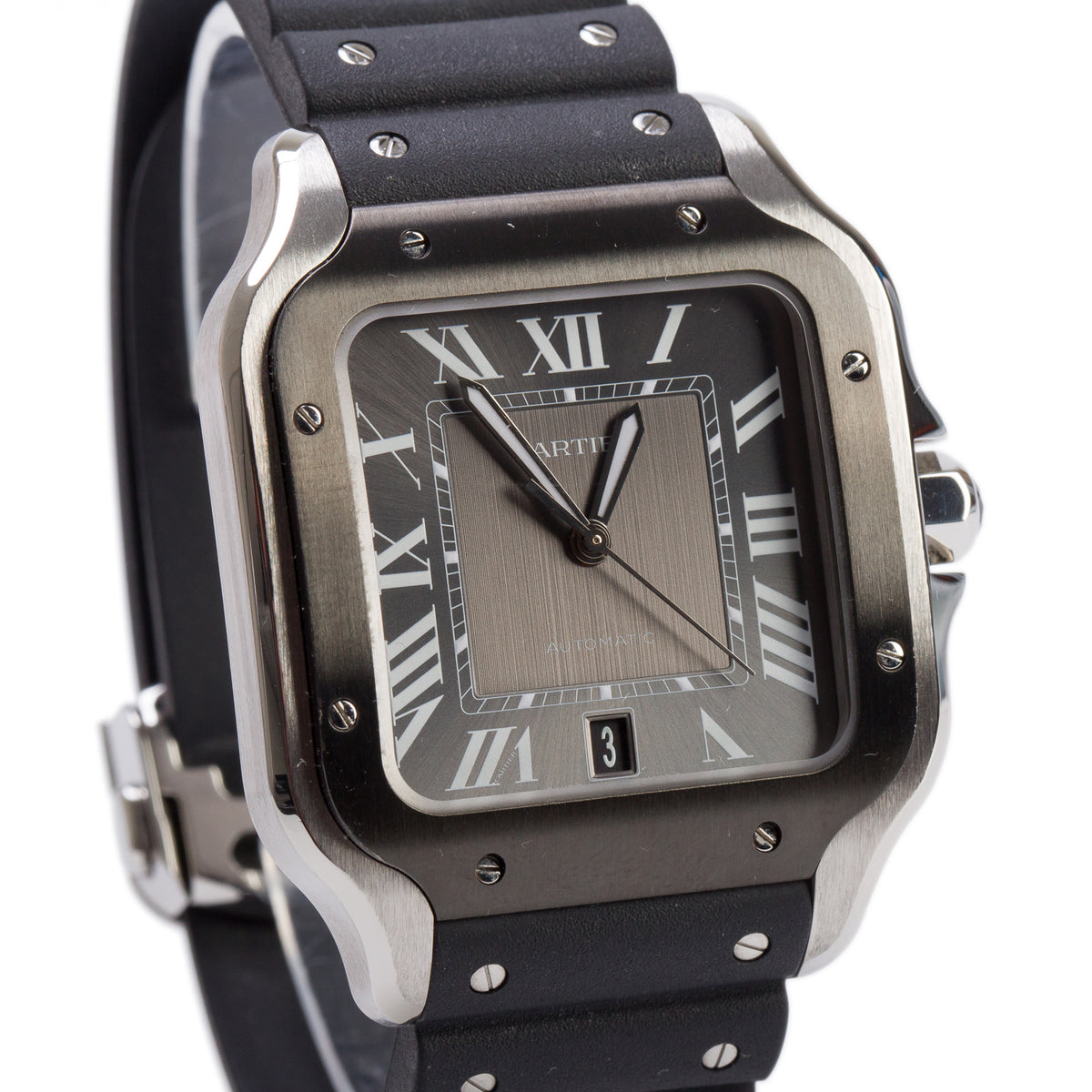 Cartier 2022 Stainless Steel & ADLC Santos de Cartier Automatic Watch, Large Model Grey Dial 4072 w/ Box, Papers & Extra Strap