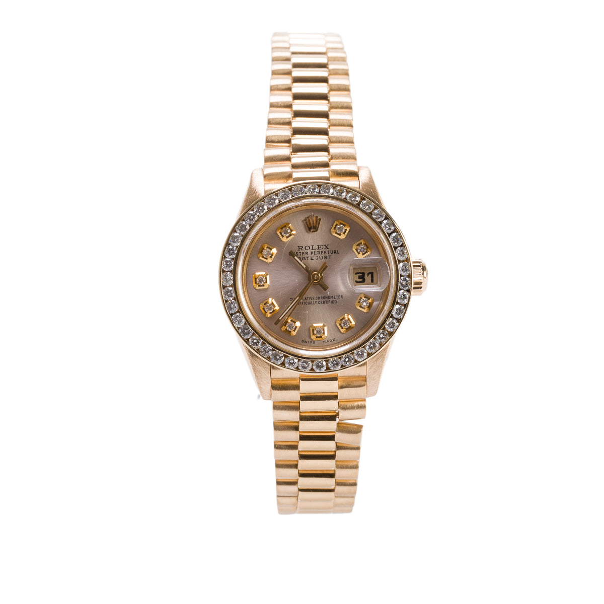 Rolex 18k Yellow Gold After Market Diamond Bezel Lady-Datejust President 26 MM Automatic Watch Silver Diamond Dial 69178