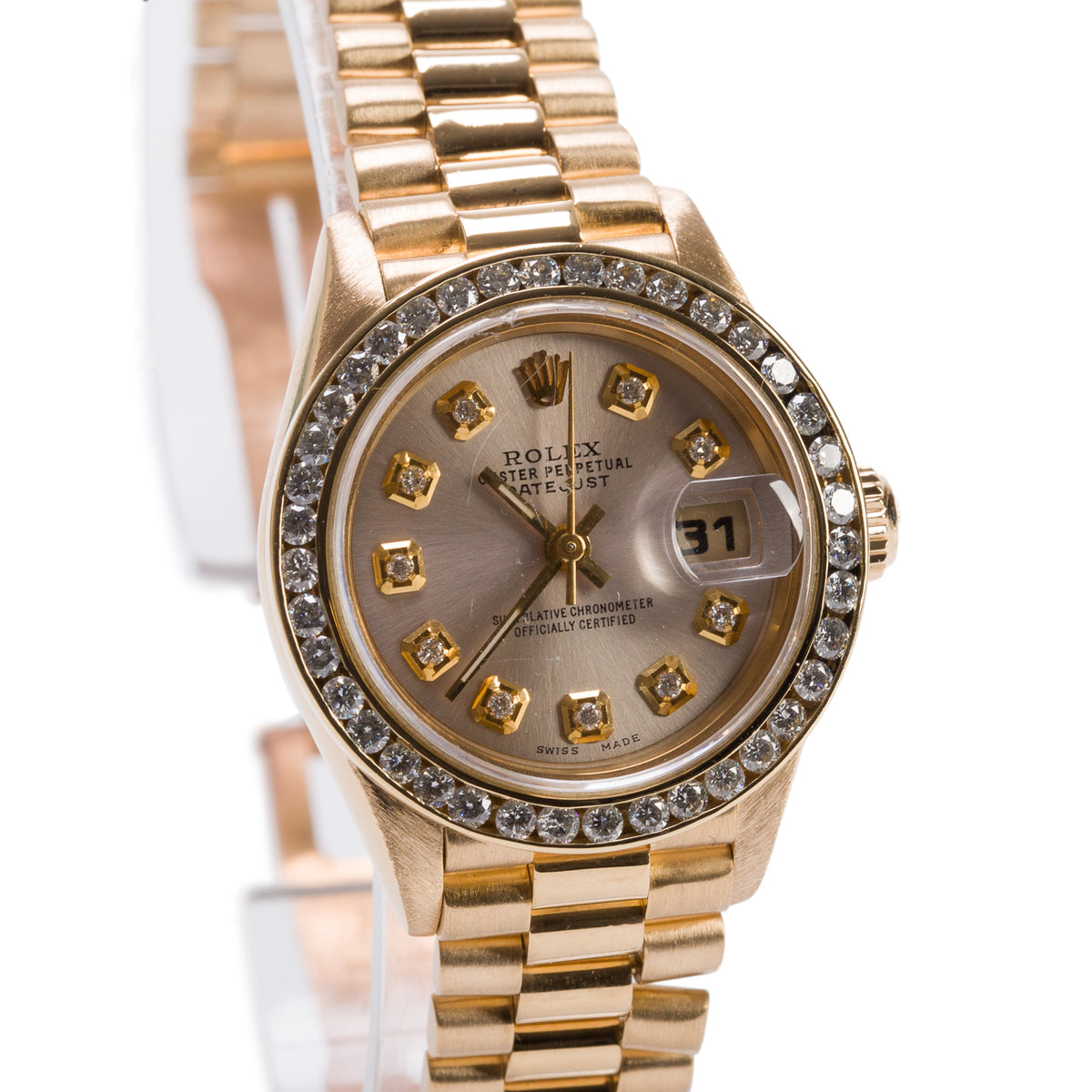 Rolex 18k Yellow Gold After Market Diamond Bezel Lady-Datejust President 26 MM Automatic Watch Silver Diamond Dial 69178