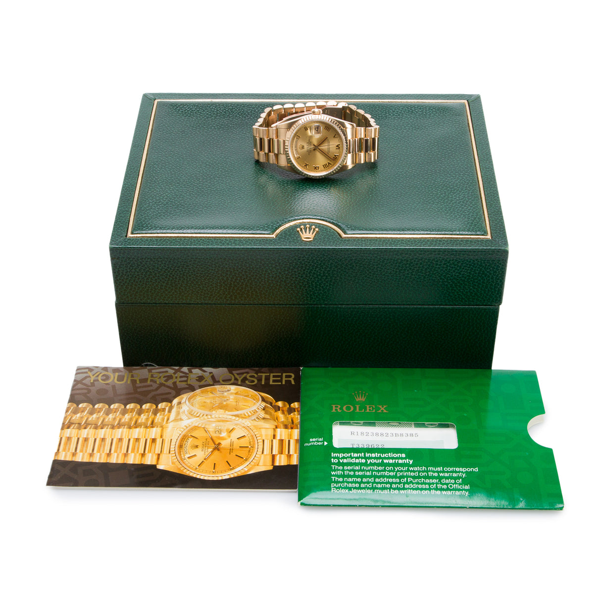 Rolex 18k Yellow Gold Day Date 36 MM President Automatic Watch Champagne Roman Numeral Dial 18238 w/ Box & Papers