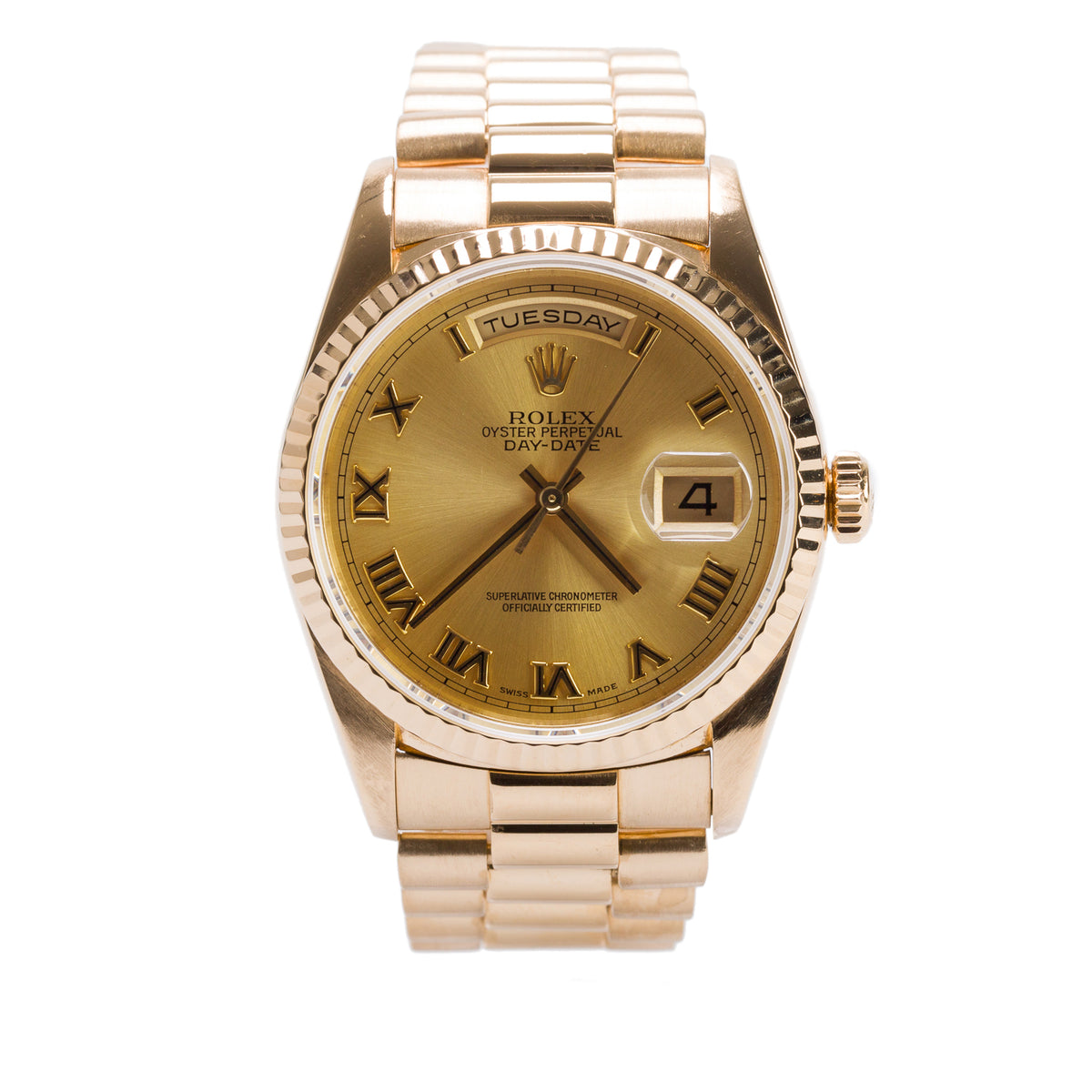 Rolex 18k Yellow Gold Day Date 36 MM President Automatic Watch Champagne Roman Numeral Dial 18238 w/ Box & Papers