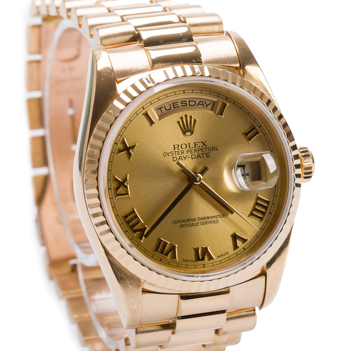 Rolex 18k Yellow Gold Day Date 36 MM President Automatic Watch Champagne Roman Numeral Dial 18238 w/ Box & Papers