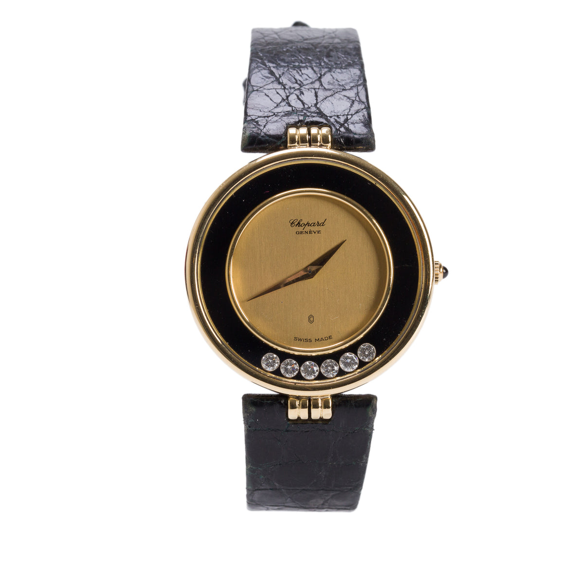 Chopard Vintage 18k Yellow Gold Happy Diamond 34 MM Quartz Watch 6 Floating Diamonds 1078 w/ Box & Papers
