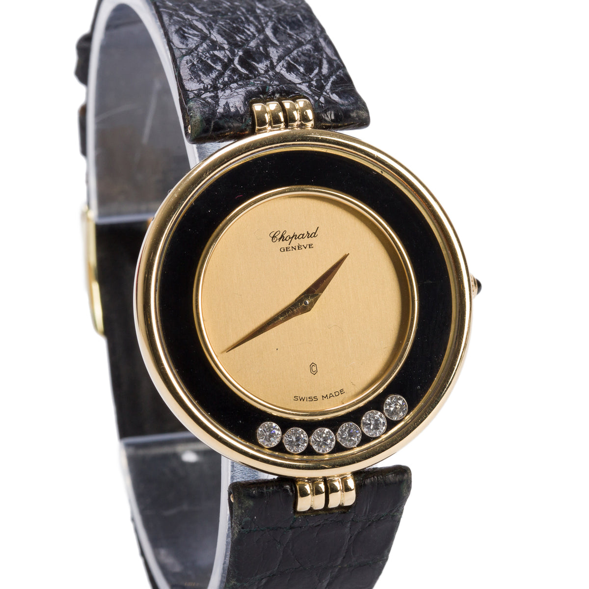 Chopard Vintage 18k Yellow Gold Happy Diamond 34 MM Quartz Watch 6 Floating Diamonds 1078 w/ Box & Papers