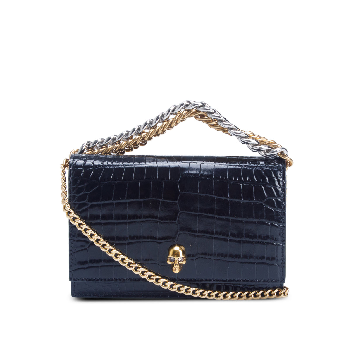 Alexander McQueen Black Glazed Calfskin Croc Embossed Small Skull Shoulder Bag