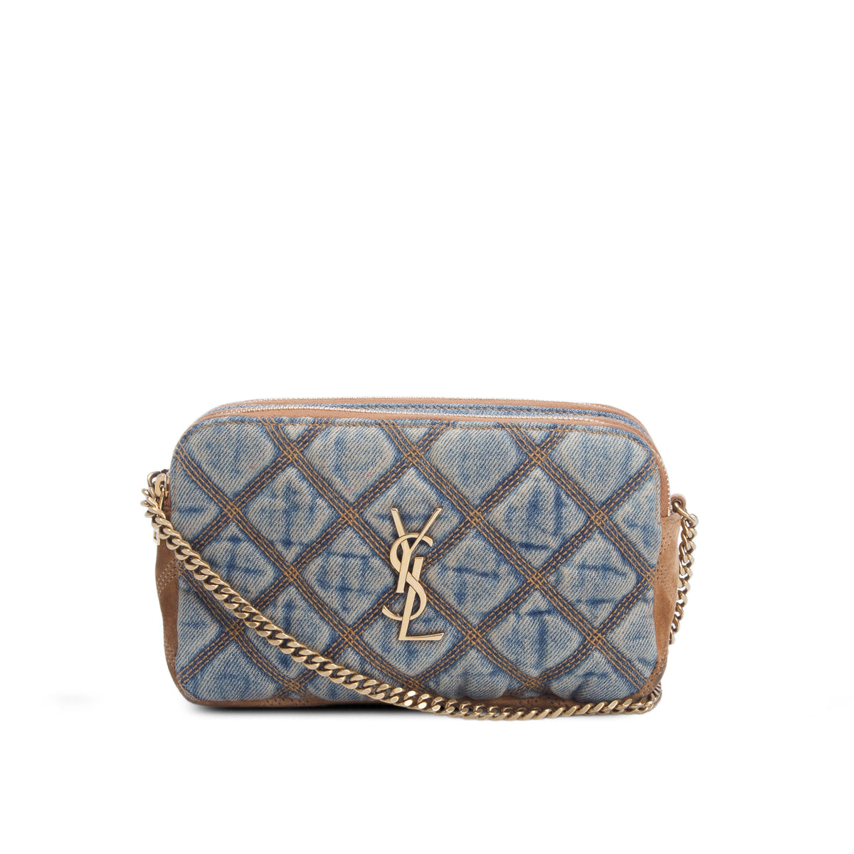 Saint Laurent 2020 Suede Denim Quilted Mini Becky Double Zip Bag
