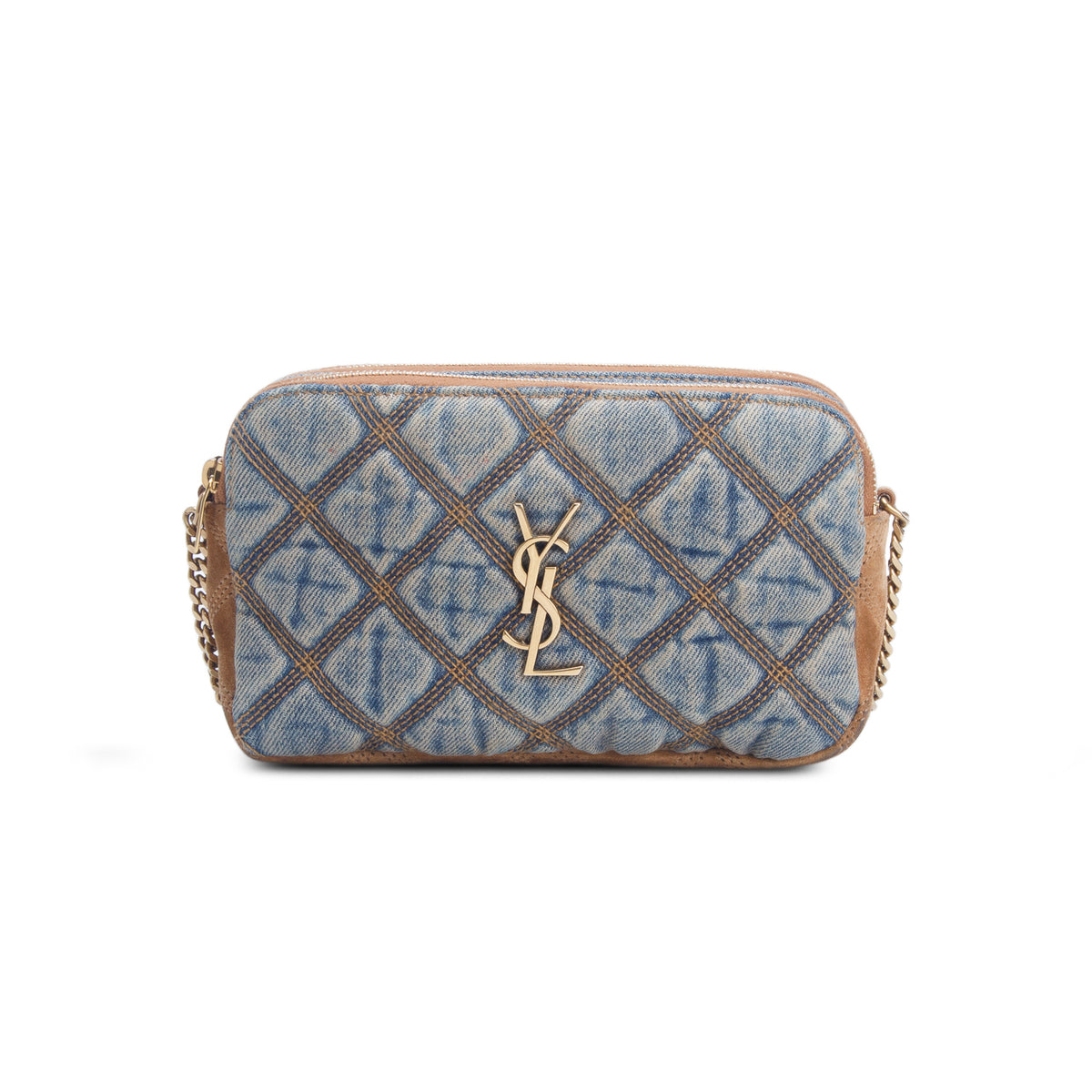 Saint Laurent 2020 Suede Denim Quilted Mini Becky Double Zip Bag