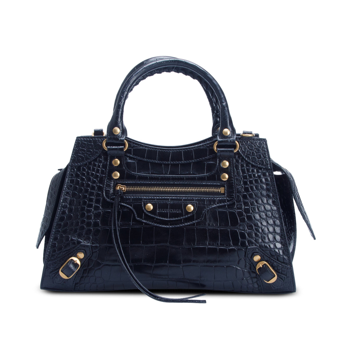 Balenciaga Black Shiny Calfskin Croc Embossed Neo Classic S City w/ Strap