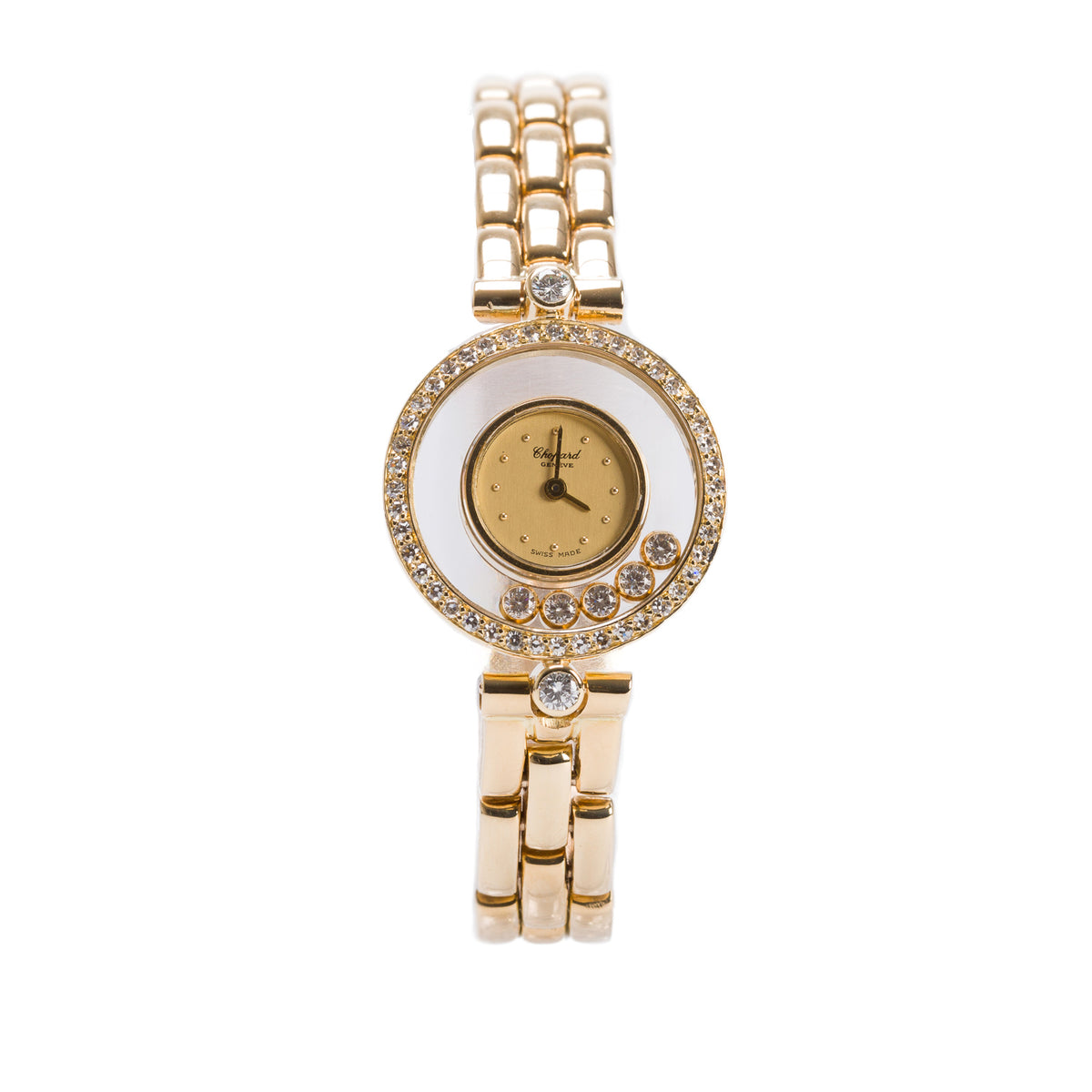 Chopard Vintage 18k Yellow Gold Diamond Bezel Happy Diamond 23 MM Quartz Watch 5 Floating Diamonds 4052 w/ Box