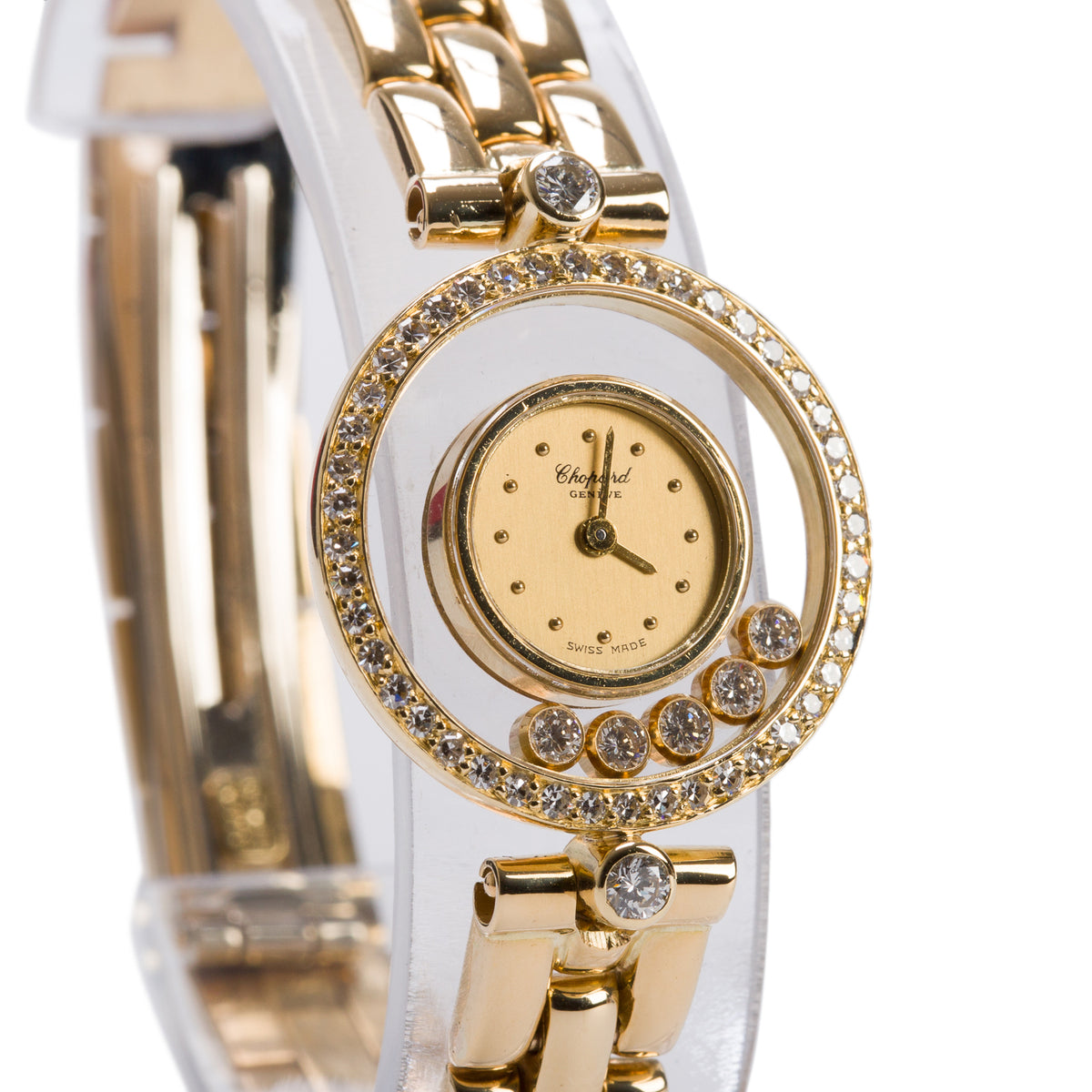 Chopard Vintage 18k Yellow Gold Diamond Bezel Happy Diamond 23 MM Quartz Watch 5 Floating Diamonds 4052 w/ Box