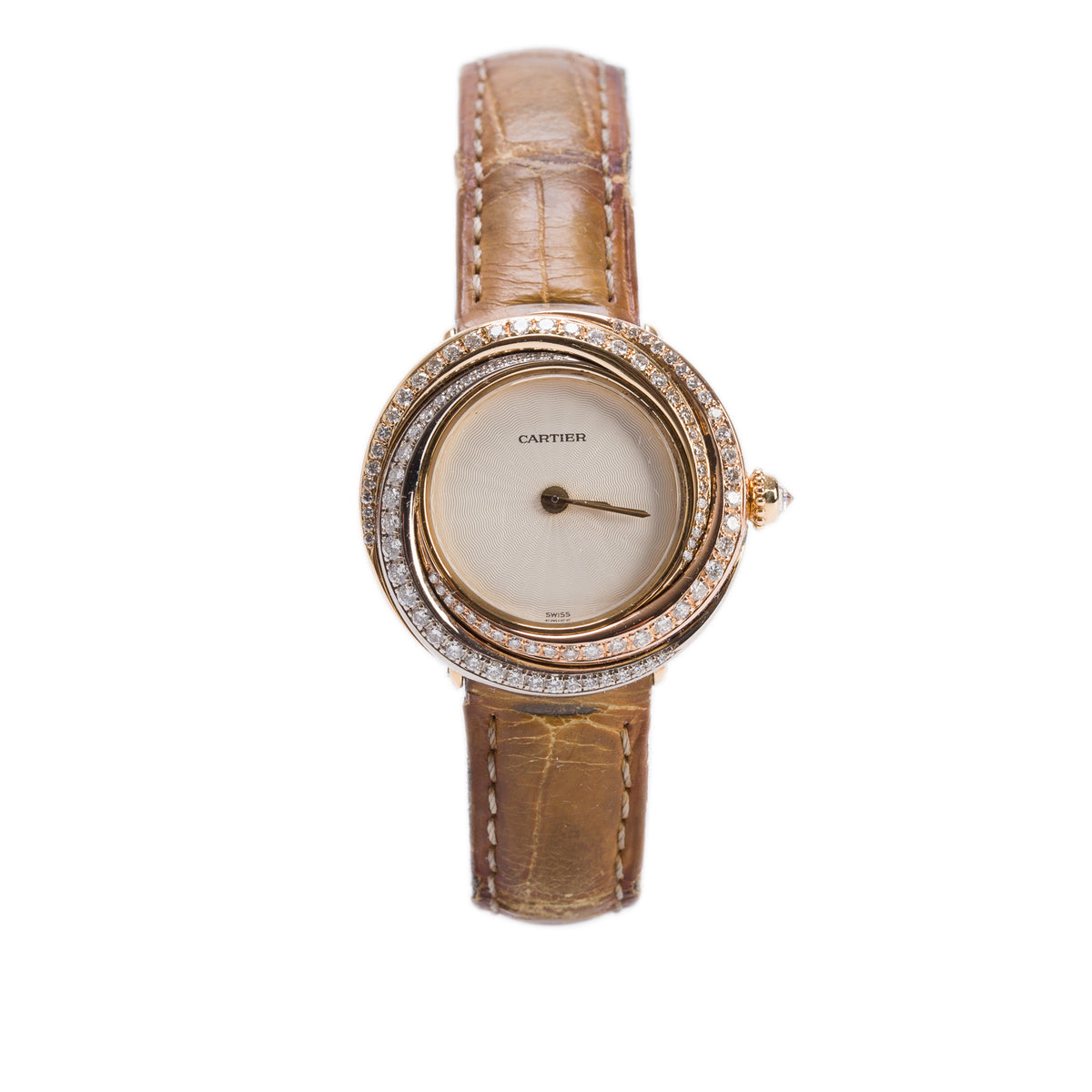 Cartier 18k Tri-Gold Diamond Bezel Trinity 27 MM Quartz Watch Silver Dial 2357 w/ Box