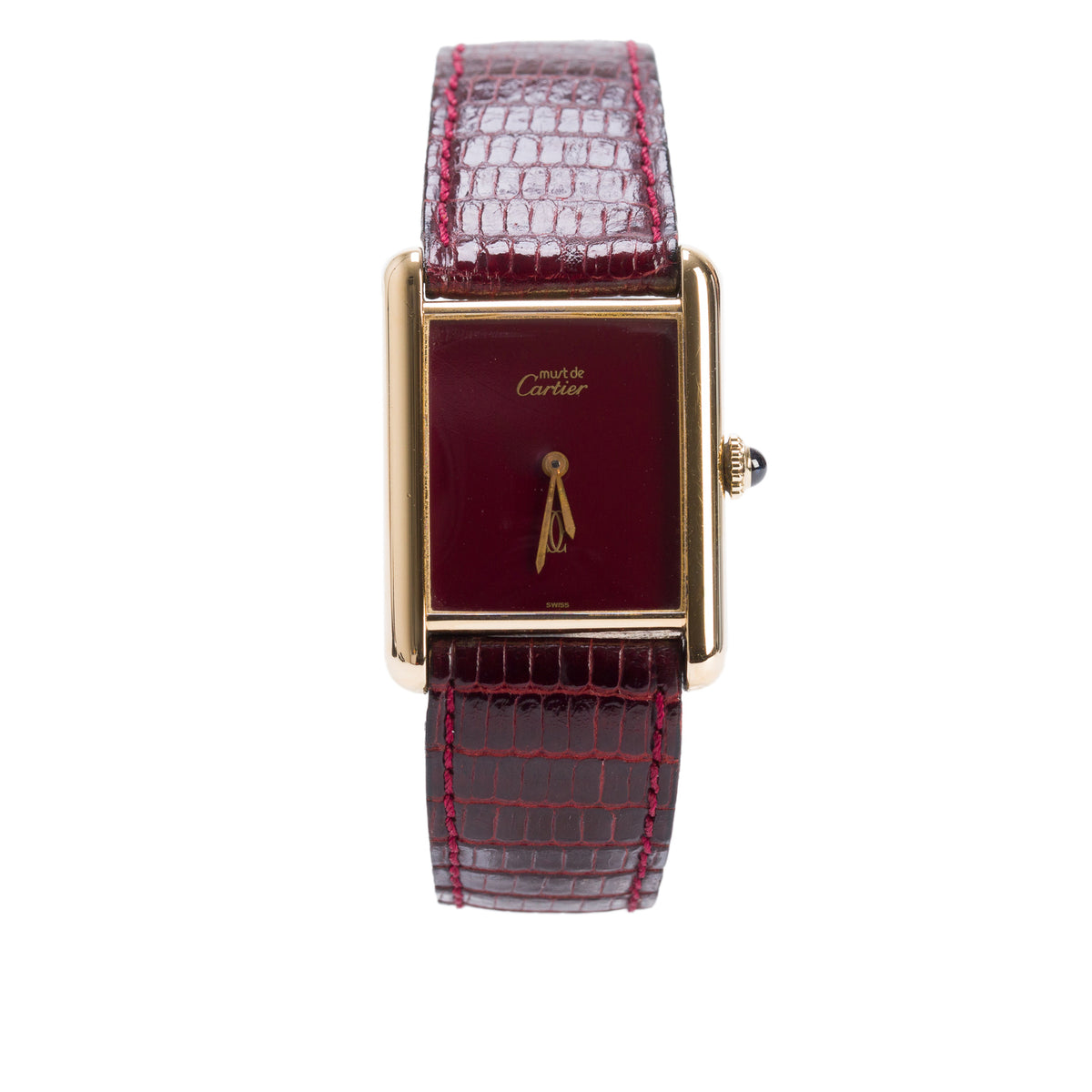 Cartier Vintage 18k Gold Vermeil Sterling Silver Argent Must de Cartier Tank Quartz Watch Burgundy Dial