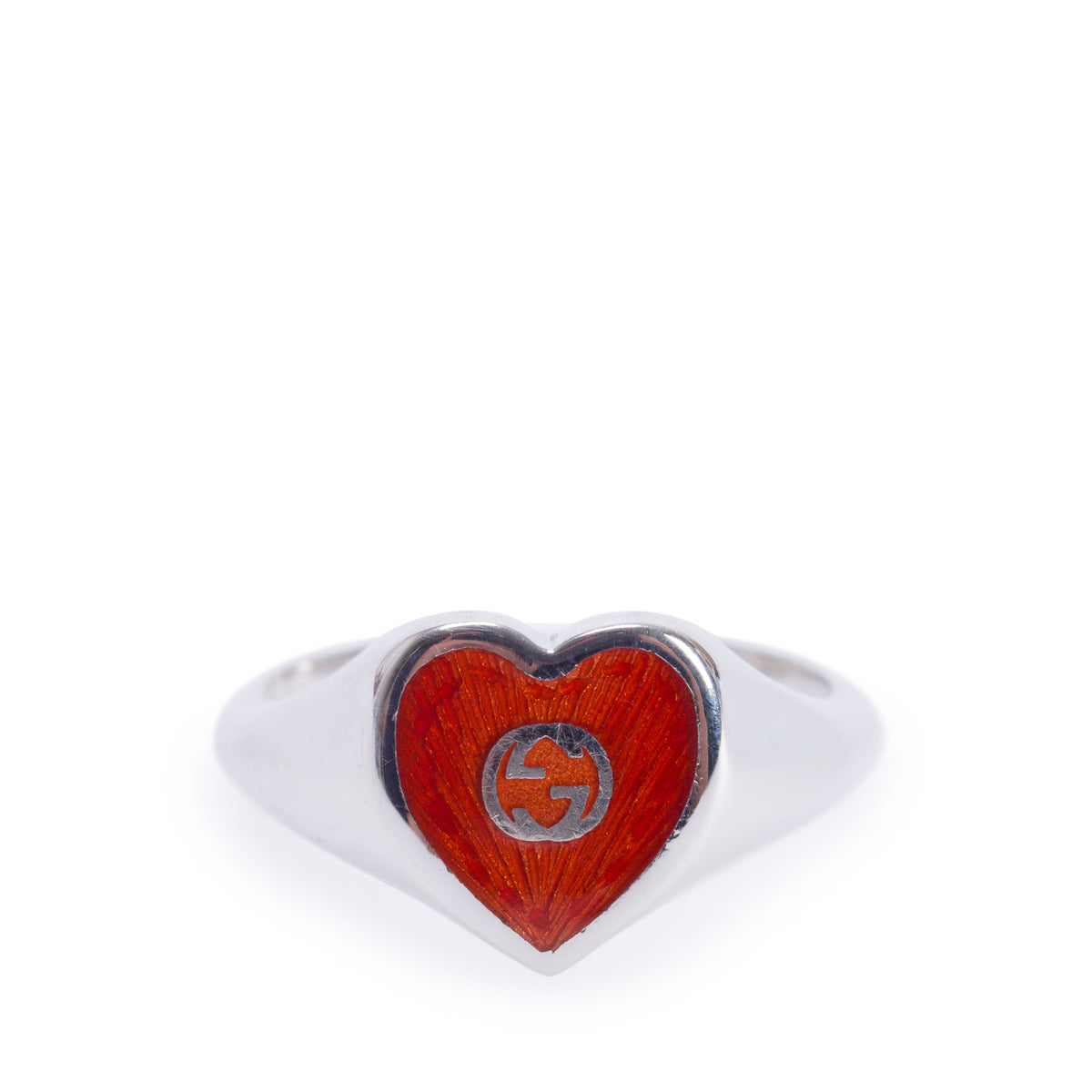 Gucci Sterling Silver Red Enamel Interlocking G Heart Signet Ring, Size 13 6.5