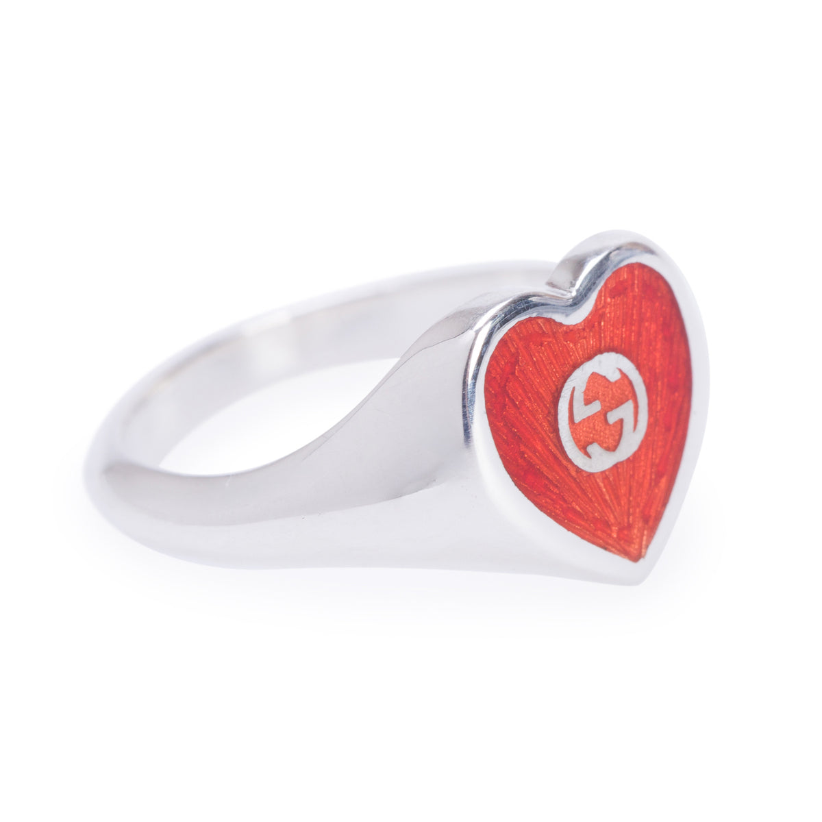 Gucci Sterling Silver Red Enamel Interlocking G Heart Signet Ring, Size 13 6.5