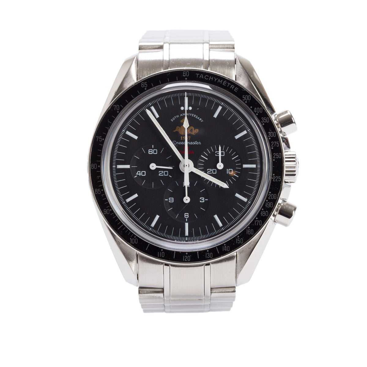Omega Stainless Steel 50th Anniversary Speedmaster Professional 42 MM Manual Chronograph Watch Black Dial