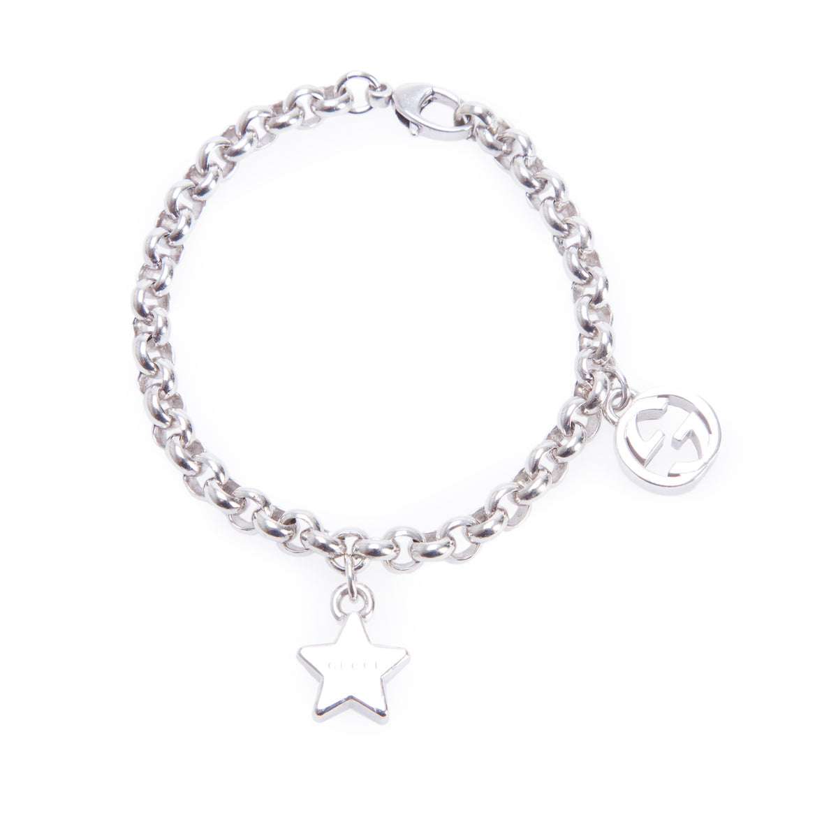 Gucci Sterling Silver Logo Star, Interlocking G Charm Bracelet