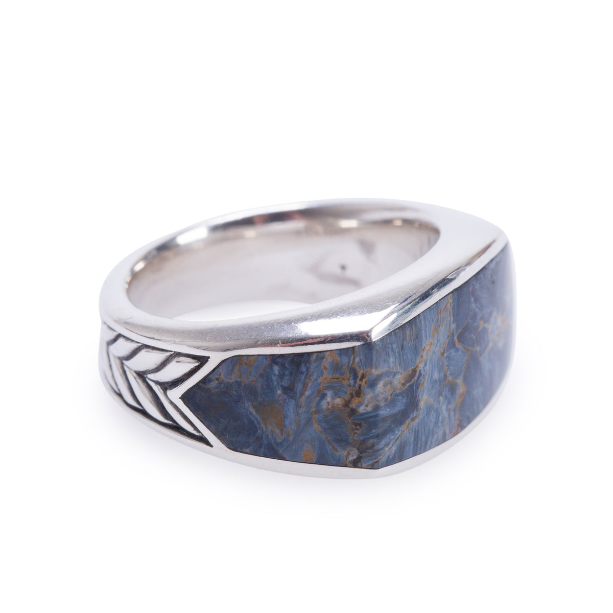 David Yurman Sterling Silver Exotic Stone Three Sided Signet Ring with Pietersite, Size 10