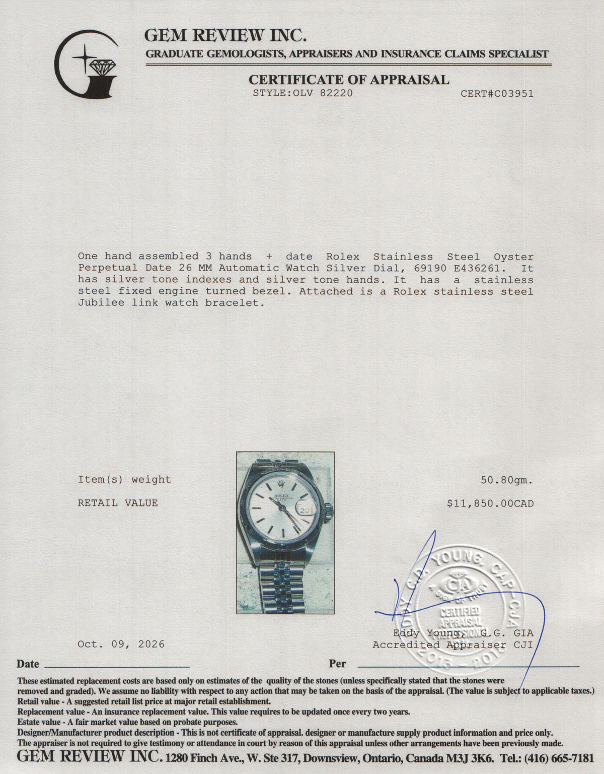 Rolex Stainless Steel Oyster Perpetual Date 26 MM Automatic Watch Silver Dial 69190 w/ Service Papers