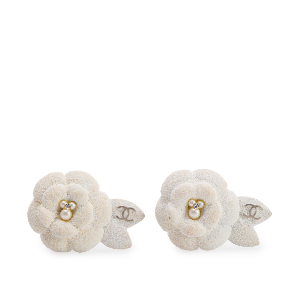Chanel Silver Plated Faux Pearl & Strass Ivory Ceramic Camellia Flower CC Clip-On Earrings