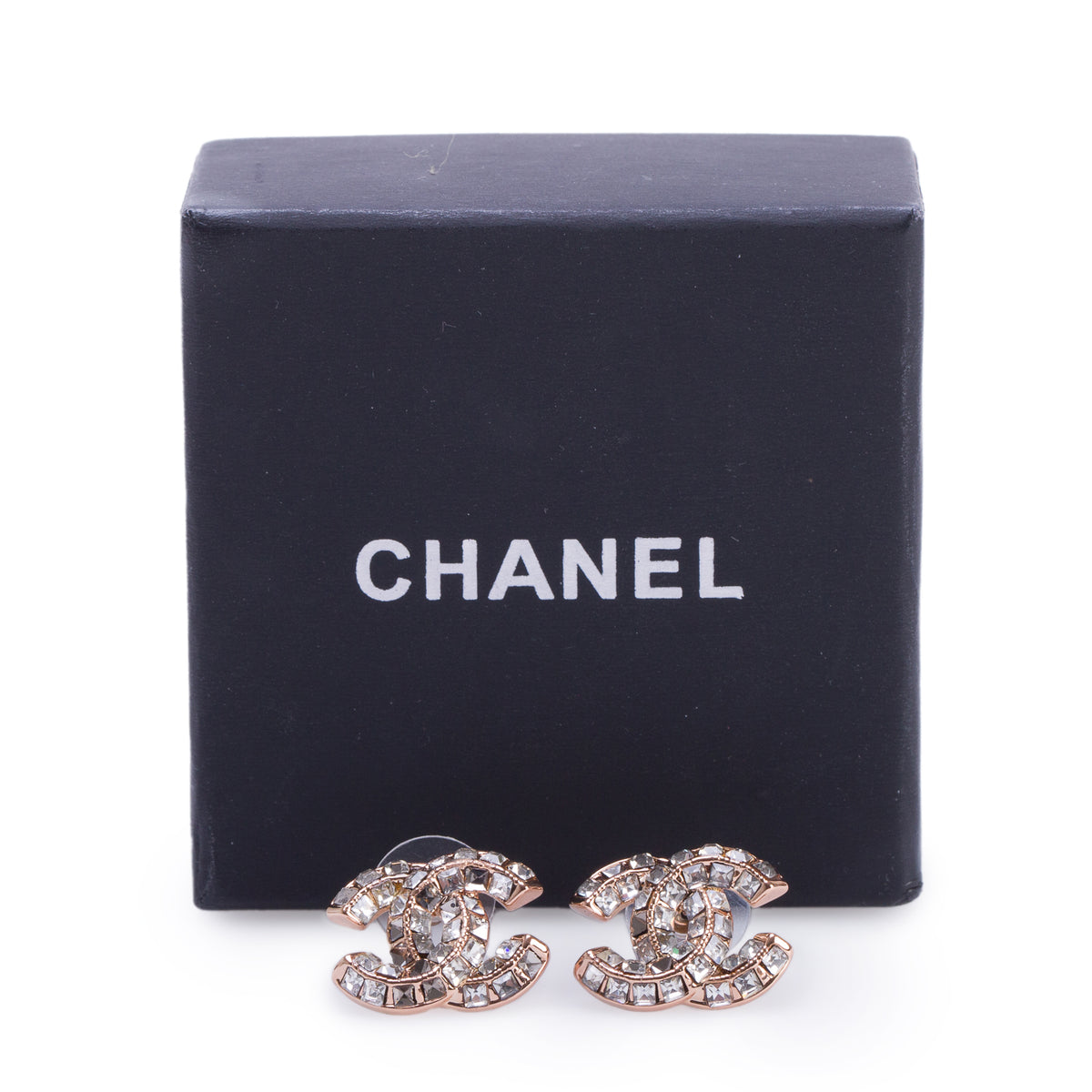 Chanel Rose Gold Plated Strass CC Stud Earrings w/ Box
