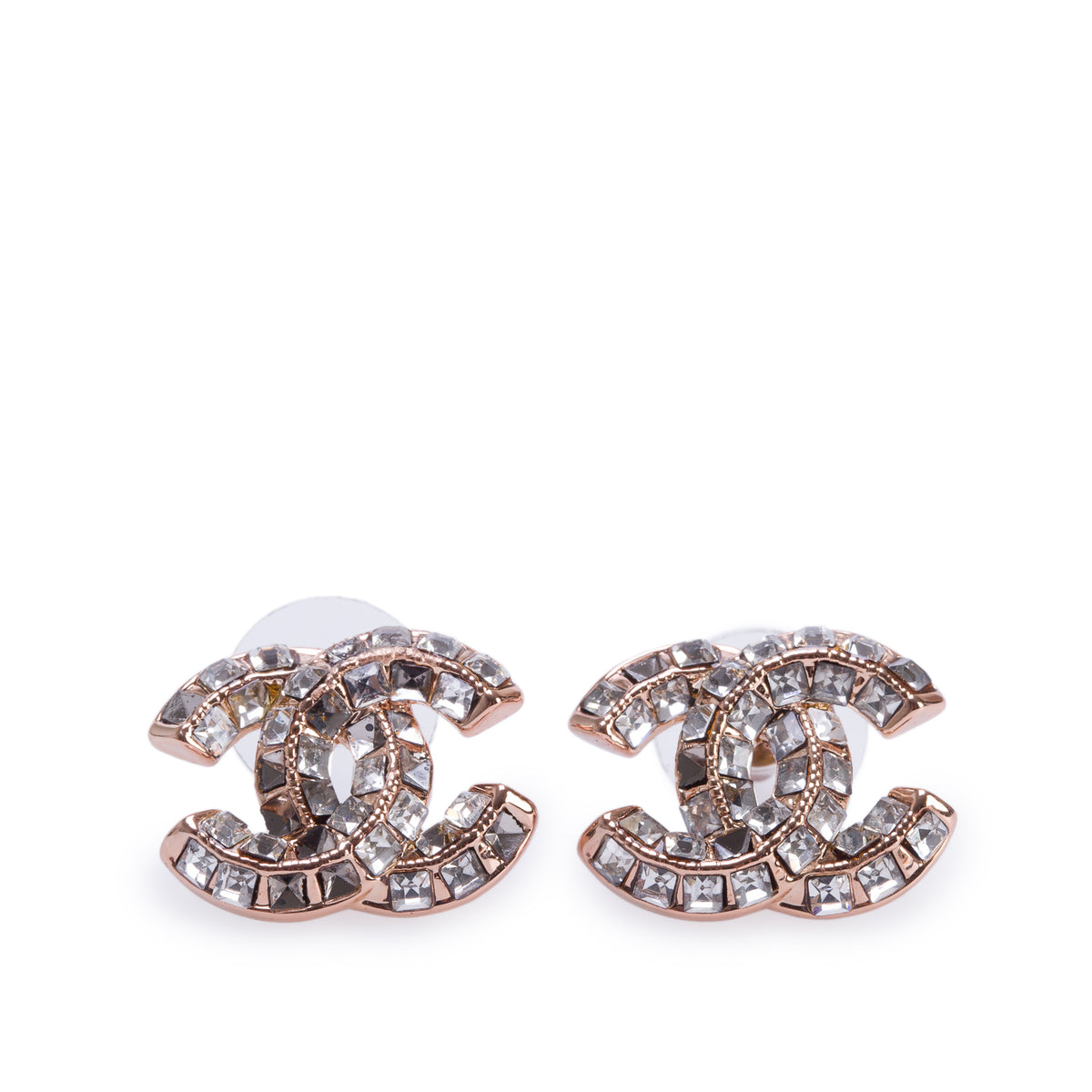 Chanel Rose Gold Plated Strass CC Stud Earrings w/ Box