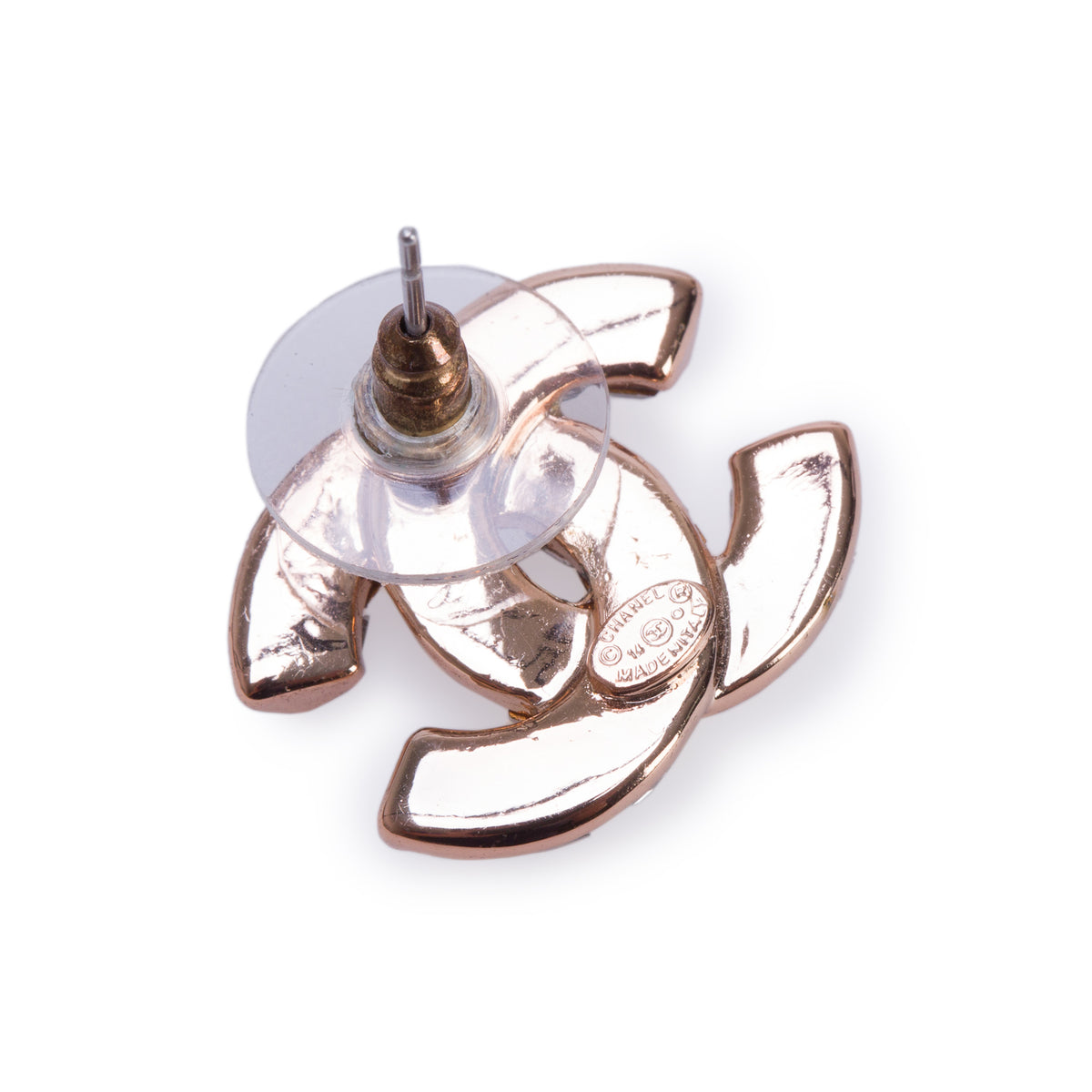 Chanel Rose Gold Plated Strass CC Stud Earrings w/ Box