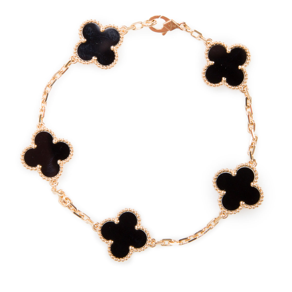 Van Cleef & Arpels 2025 18k Yellow Gold Vintage Alhambra 5 Motif Onyx Bracelet w/ Pouch, Receipt & Certificate