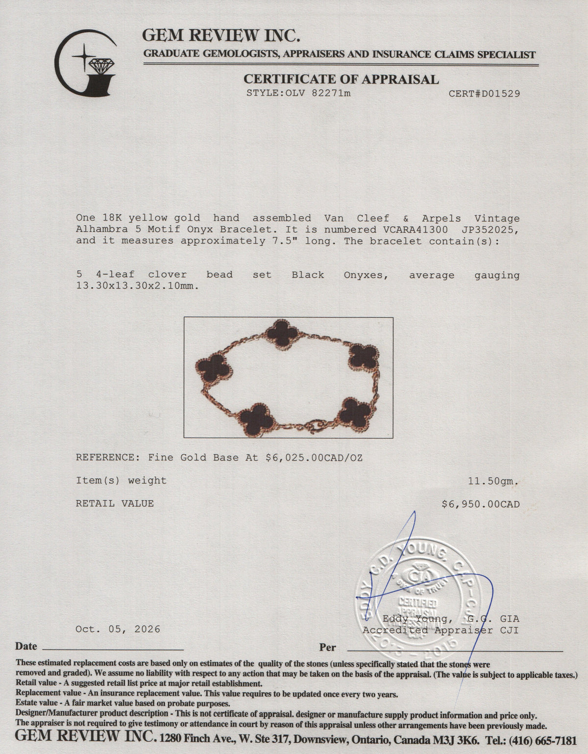 Van Cleef & Arpels 2025 18k Yellow Gold Vintage Alhambra 5 Motif Onyx Bracelet w/ Pouch, Receipt & Certificate
