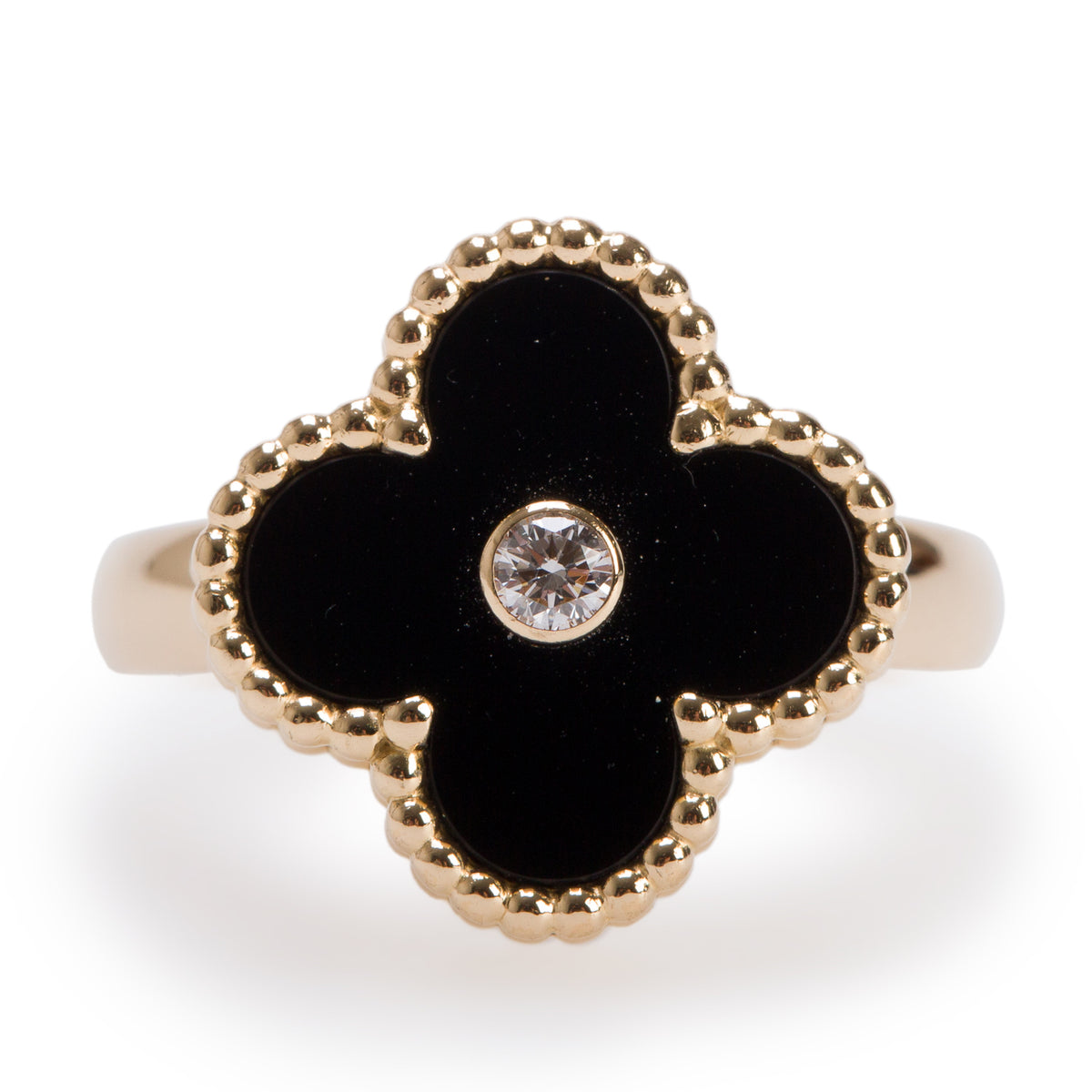 Van Cleef & Arpels 2024 18k Yellow Gold Onyx & Diamond Vintage Alhambra Ring, Size 49 4.75 w/ Box, Receipt & Certificate