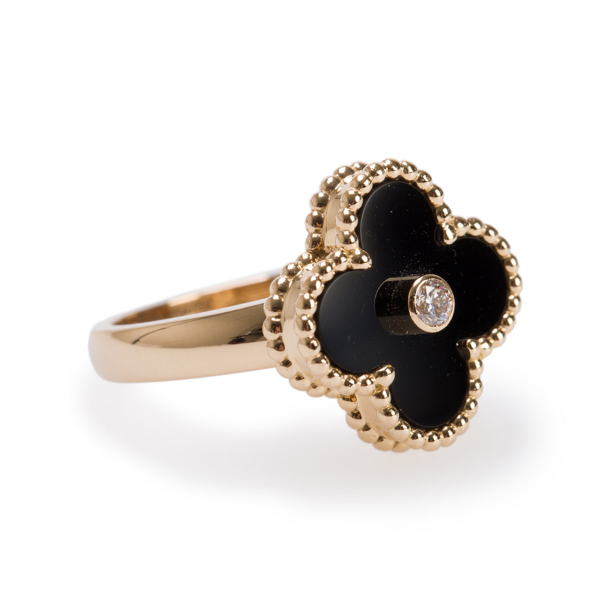 Van Cleef & Arpels 2024 18k Yellow Gold Onyx & Diamond Vintage Alhambra Ring, Size 49 4.75 w/ Box, Receipt & Certificate