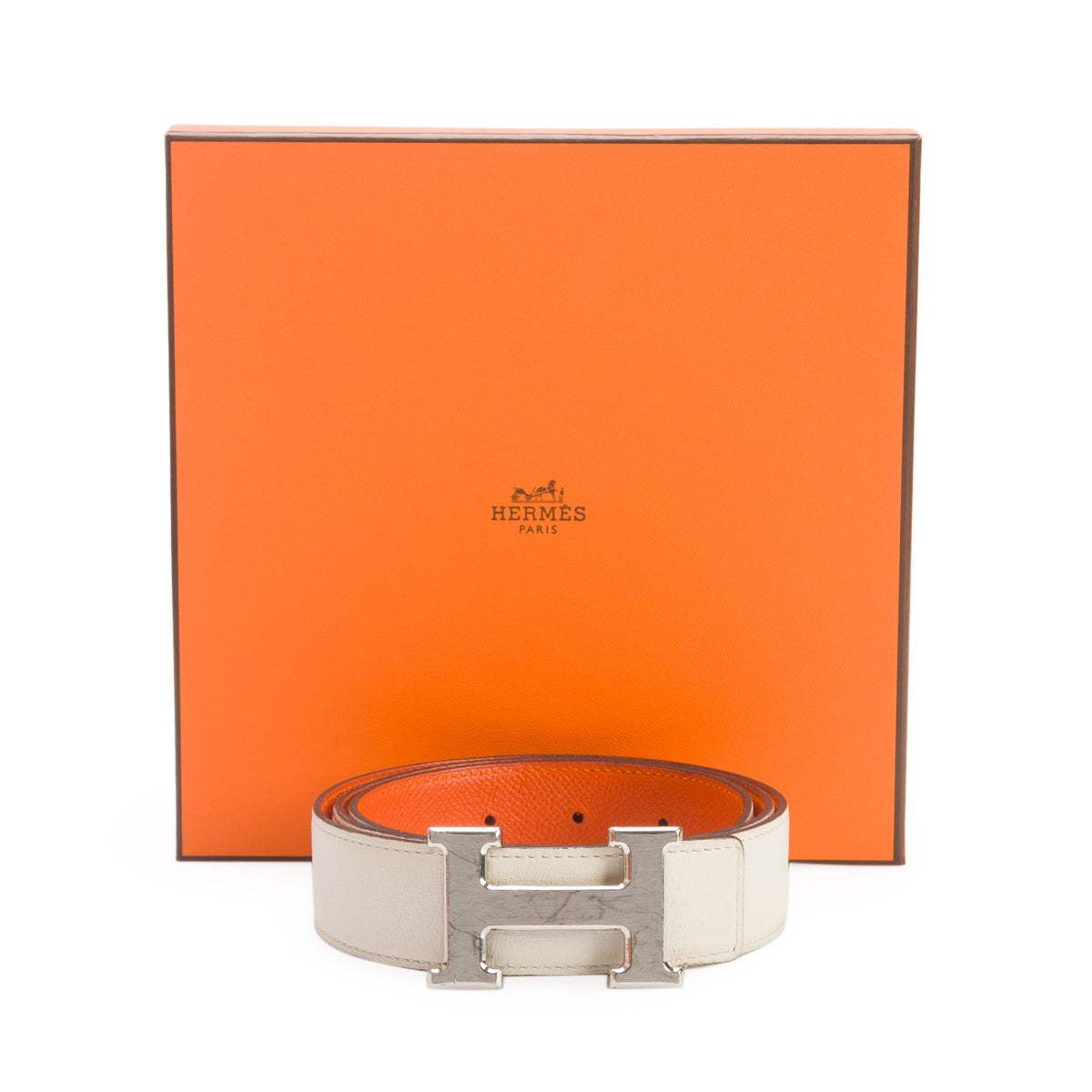 Hermes Blanc/Orange Swift & Epsom Leather Reversible 32 MM H Buckle Belt Kit, Size 80 w/ Box