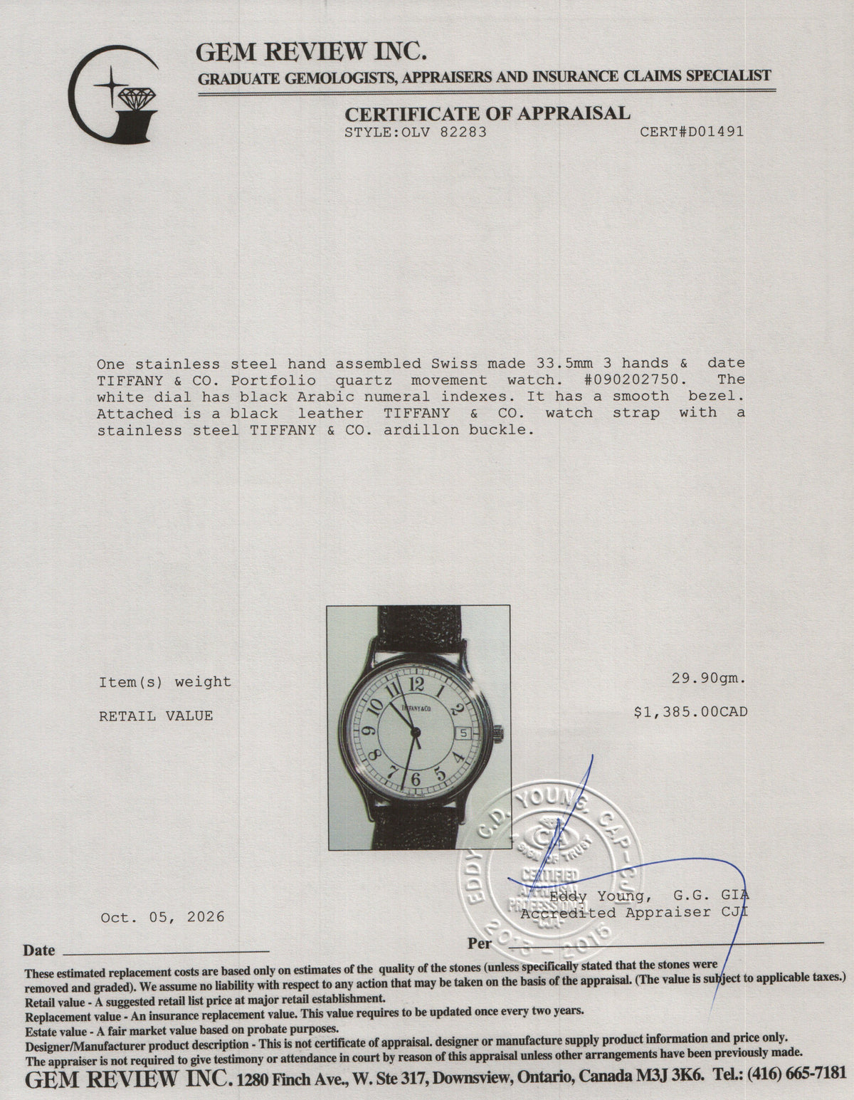 Tiffany Stainless Steel Portfolio 33.5 MM Quartz Watch White Dial